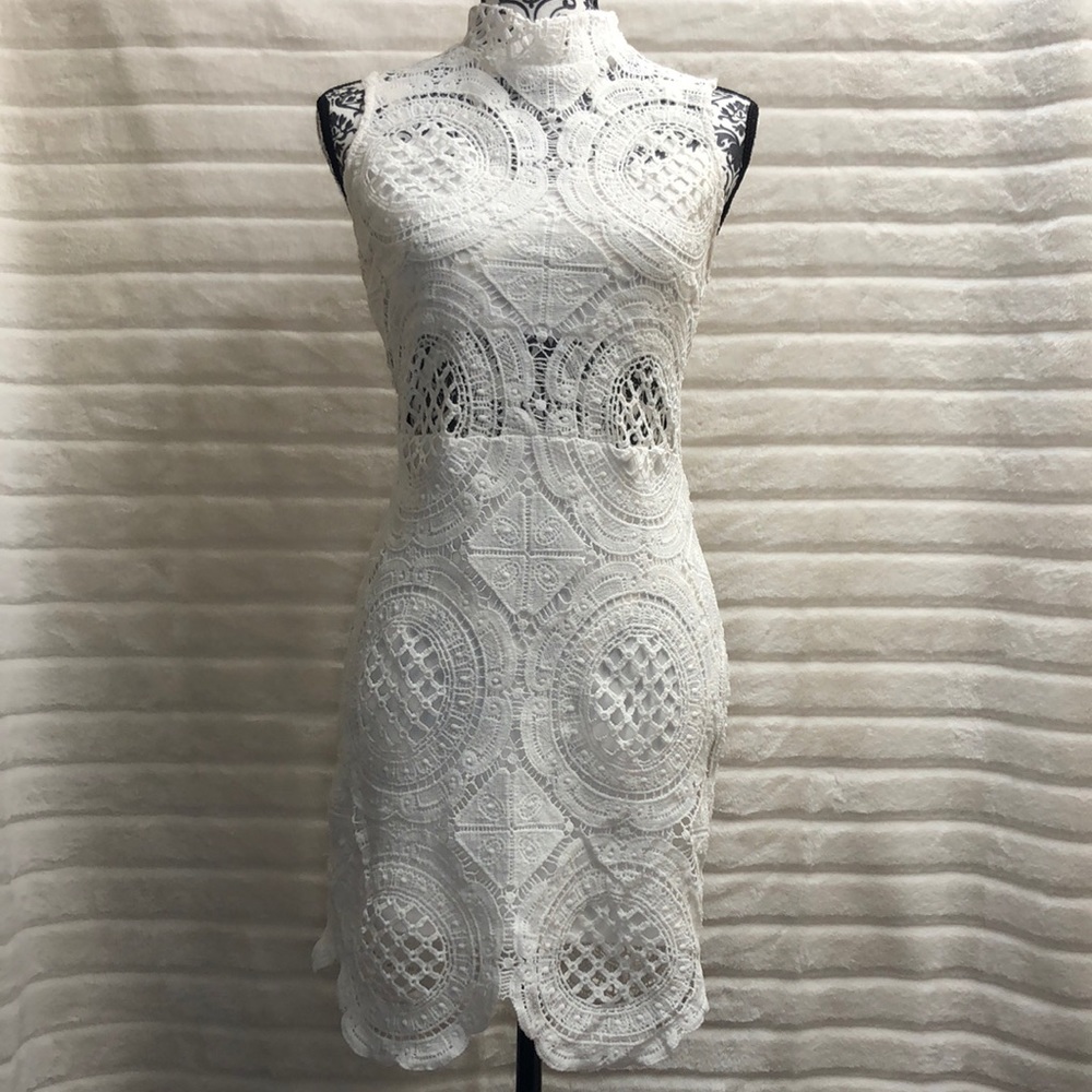 Nazz Couture white crochet turtleneck sleeveless dress. Size S. Minor flaws.